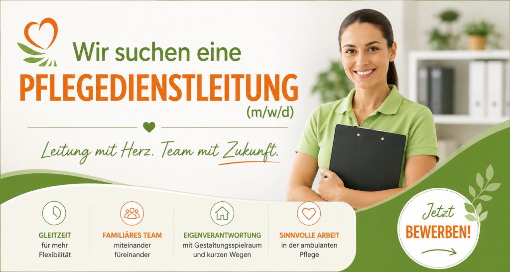 Für unseren kleinen, familiären ambulanten Pflegedienst suchen wir zum nächstmöglichen Zeitpunkt eine Pflegedienstleitung (m/w/d). Auch Bewerber:innen mit frisch abgeschlossener PDL-Weiterbildung sind herzlich willkommen.